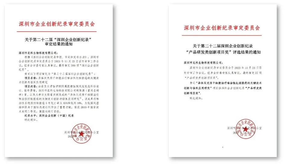 Two award notices from the Shenzhen Enterprise Innovation Record review committee